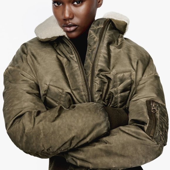 NWT ZARA DISTRESSED EFFECT NYLON BOMBER KHAKI - Picture 5 of 6